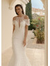 Short Sleeves Beaded Ivory Lace Tulle Slit Back Wedding Dress